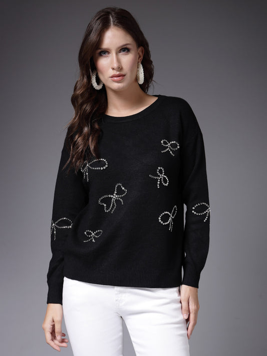 Mafadeny Women Winter Wear Black Embellished Stylished & Cosy Top