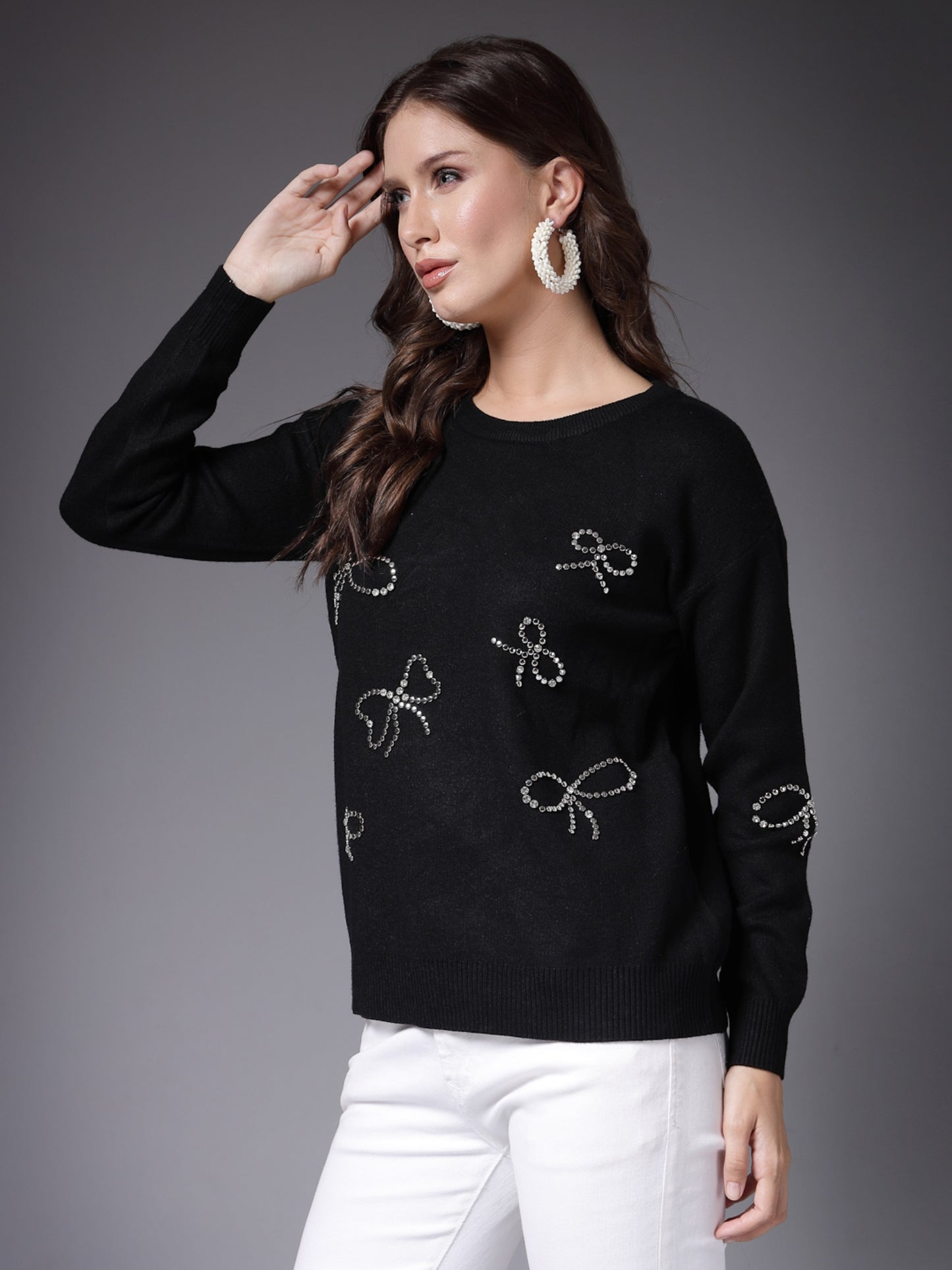 Mafadeny Women Winter Wear Black Embellished Stylished & Cosy Top