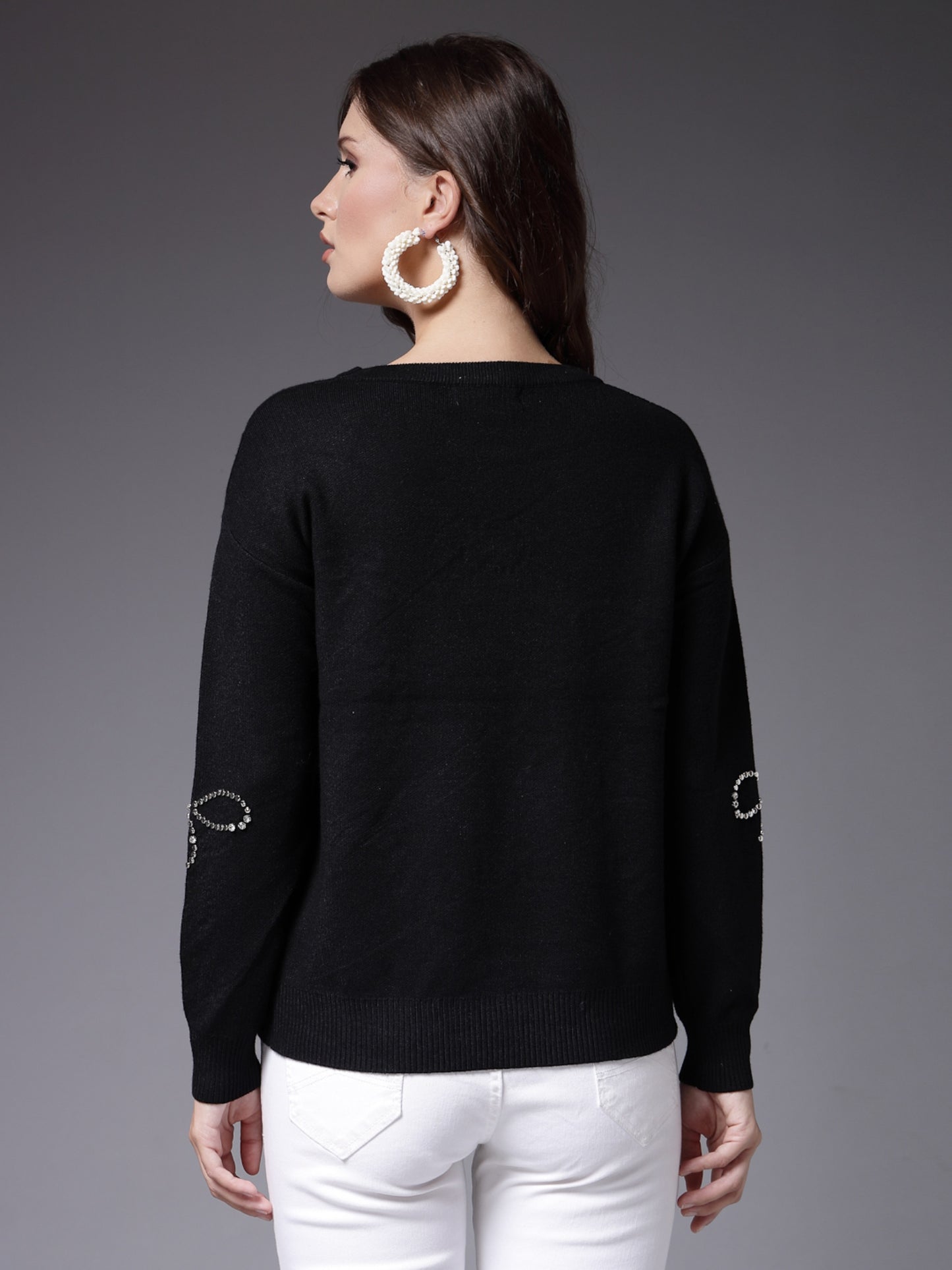 Mafadeny Women Winter Wear Black Embellished Stylished & Cosy Top