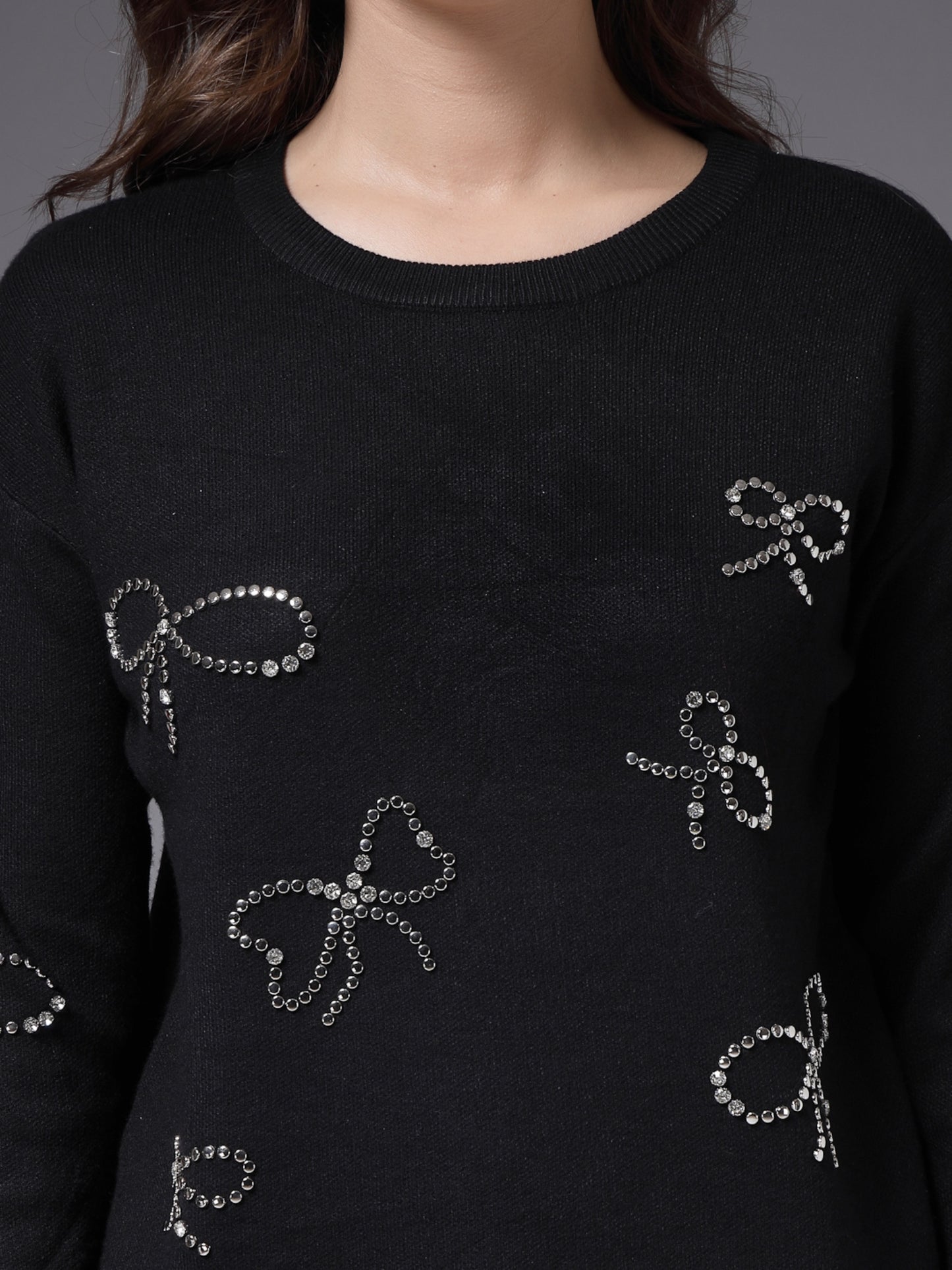 Mafadeny Women Winter Wear Black Embellished Stylished & Cosy Top