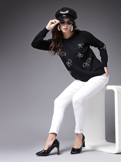 Mafadeny Women Winter Wear Black Embellished Stylished & Cosy Top