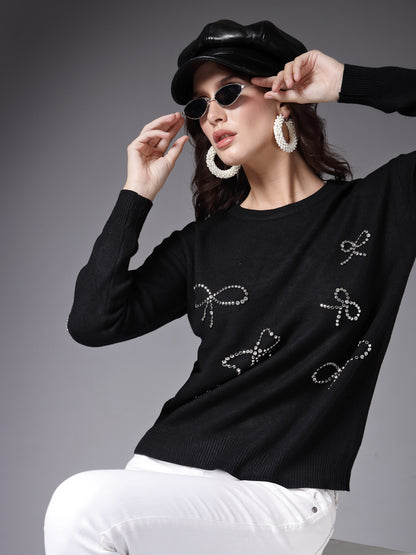 Mafadeny Women Winter Wear Black Embellished Stylished & Cosy Top