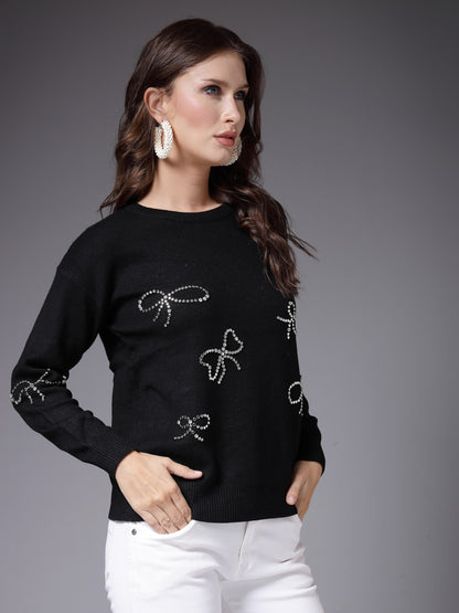 Mafadeny Women Winter Wear Black Embellished Stylished & Cosy Top