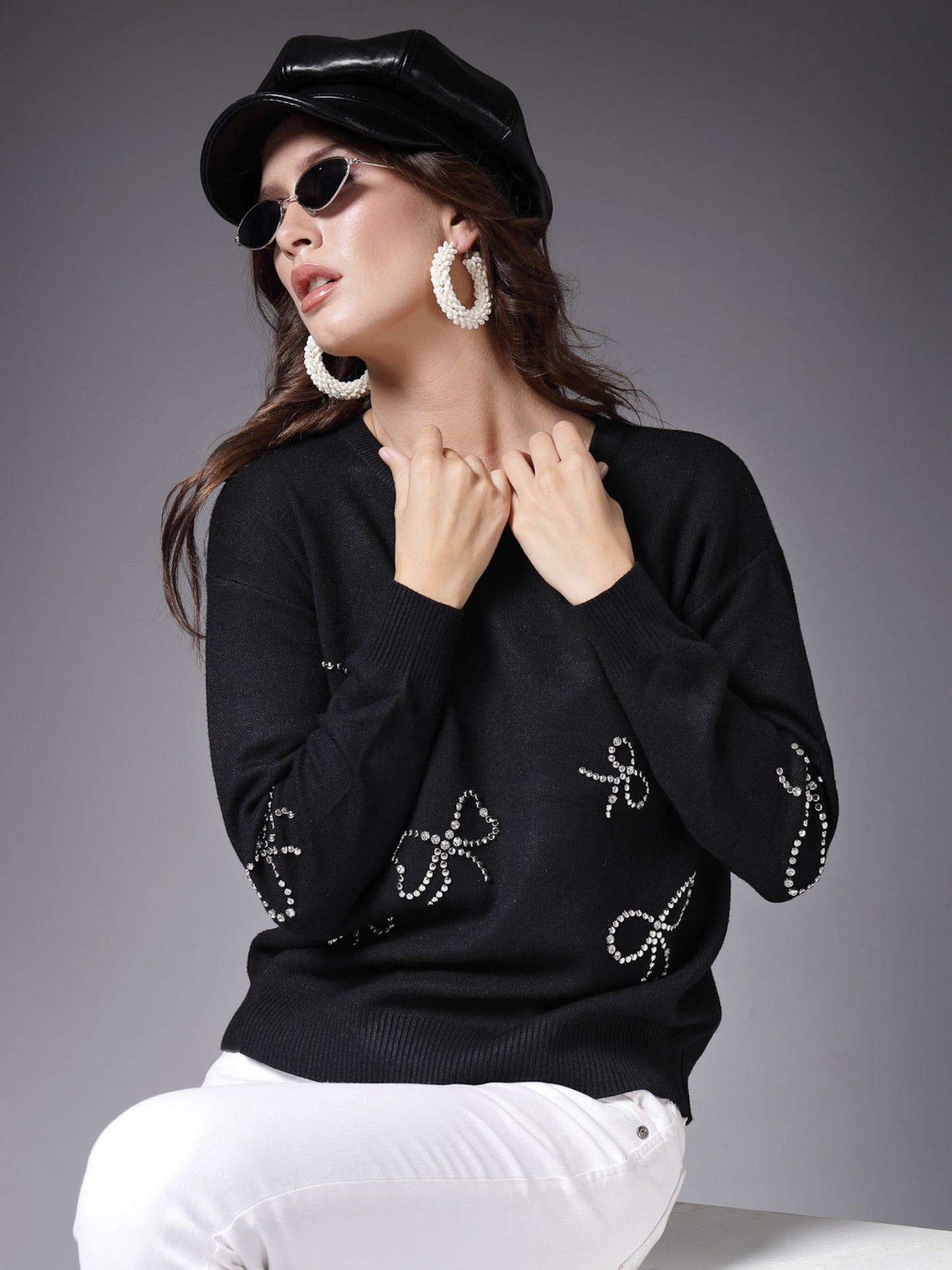 Mafadeny Women Winter Wear Black Embellished Stylished & Cosy Top