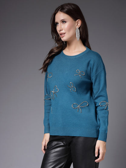 Mafadeny Women Winter Wear Teal Blue Stylished Embellished Top