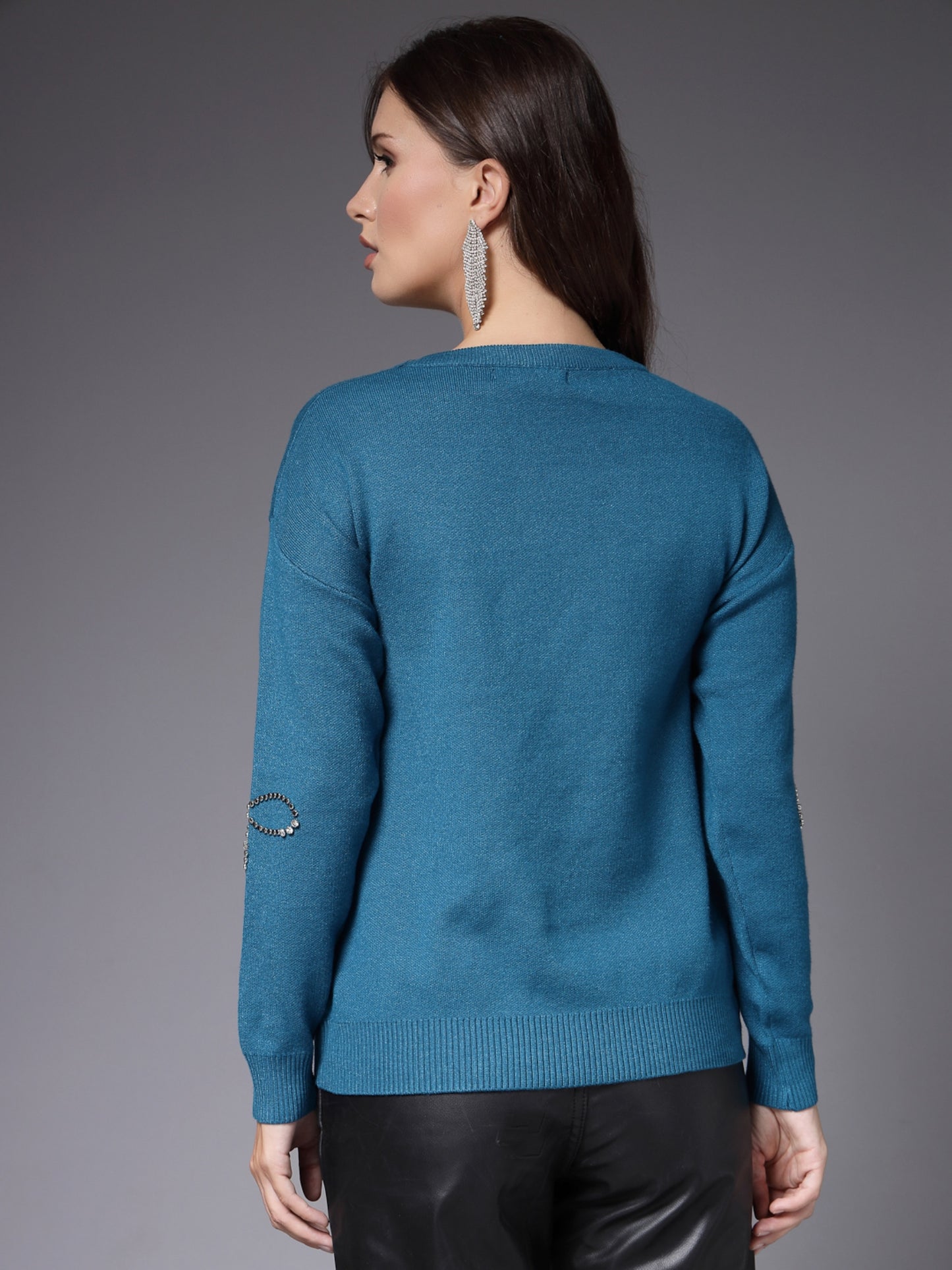 Mafadeny Women Winter Wear Teal Blue Stylished Embellished Top