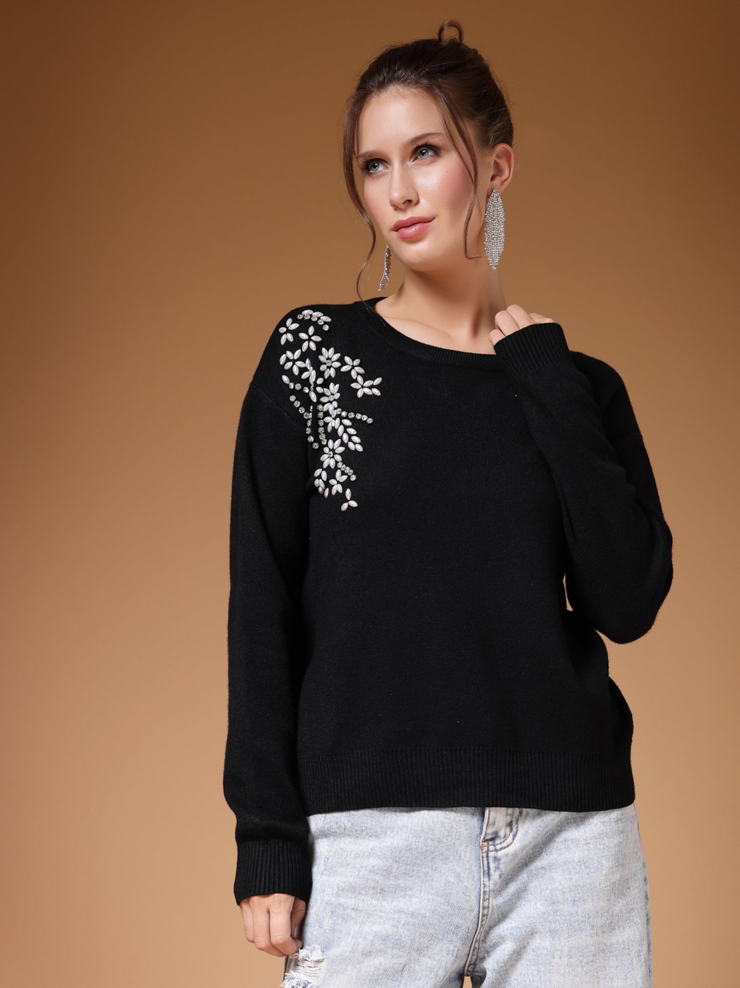 Mafadeny Women Winter Wear Black Embroidered Stylished Top