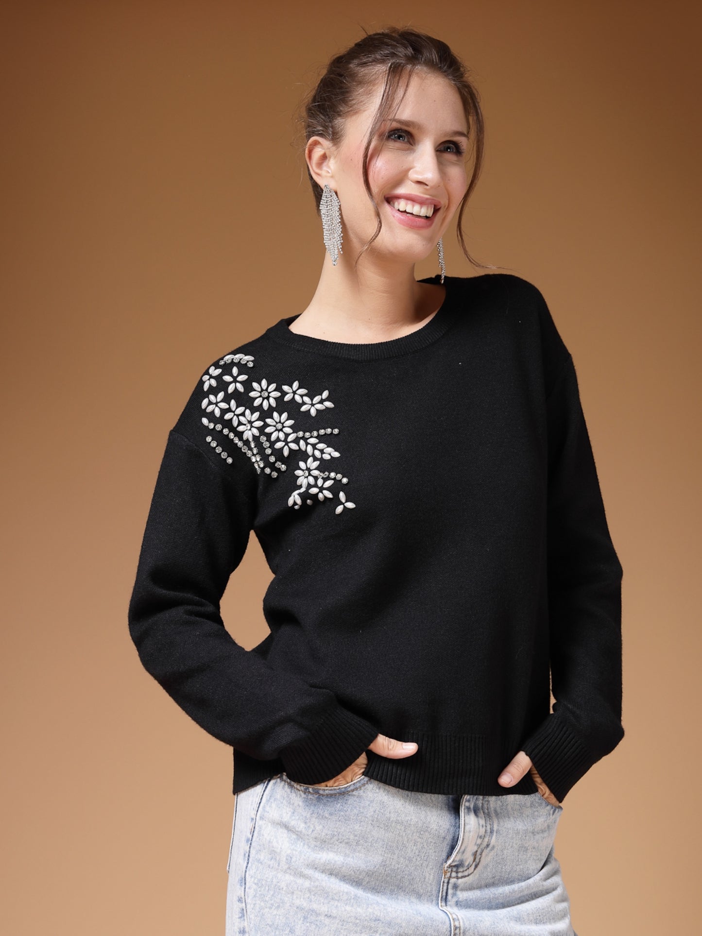 Mafadeny Women Winter Wear Black Embroidered Stylished Top