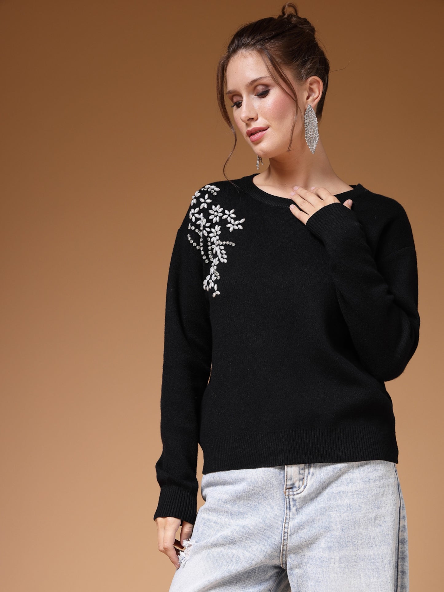 Mafadeny Women Winter Wear Black Embroidered Stylished Top