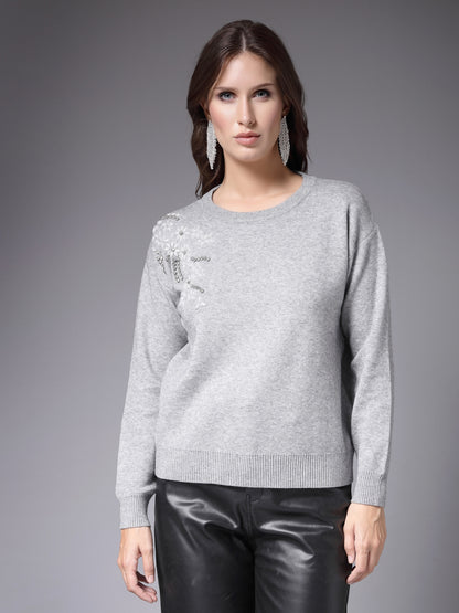 Mafadeny Women Winter Wear Grey Embroidered Stylished Top