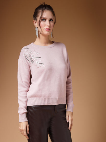 Mafadeny Women Winter Wear Peach Embroidered Stylished Top