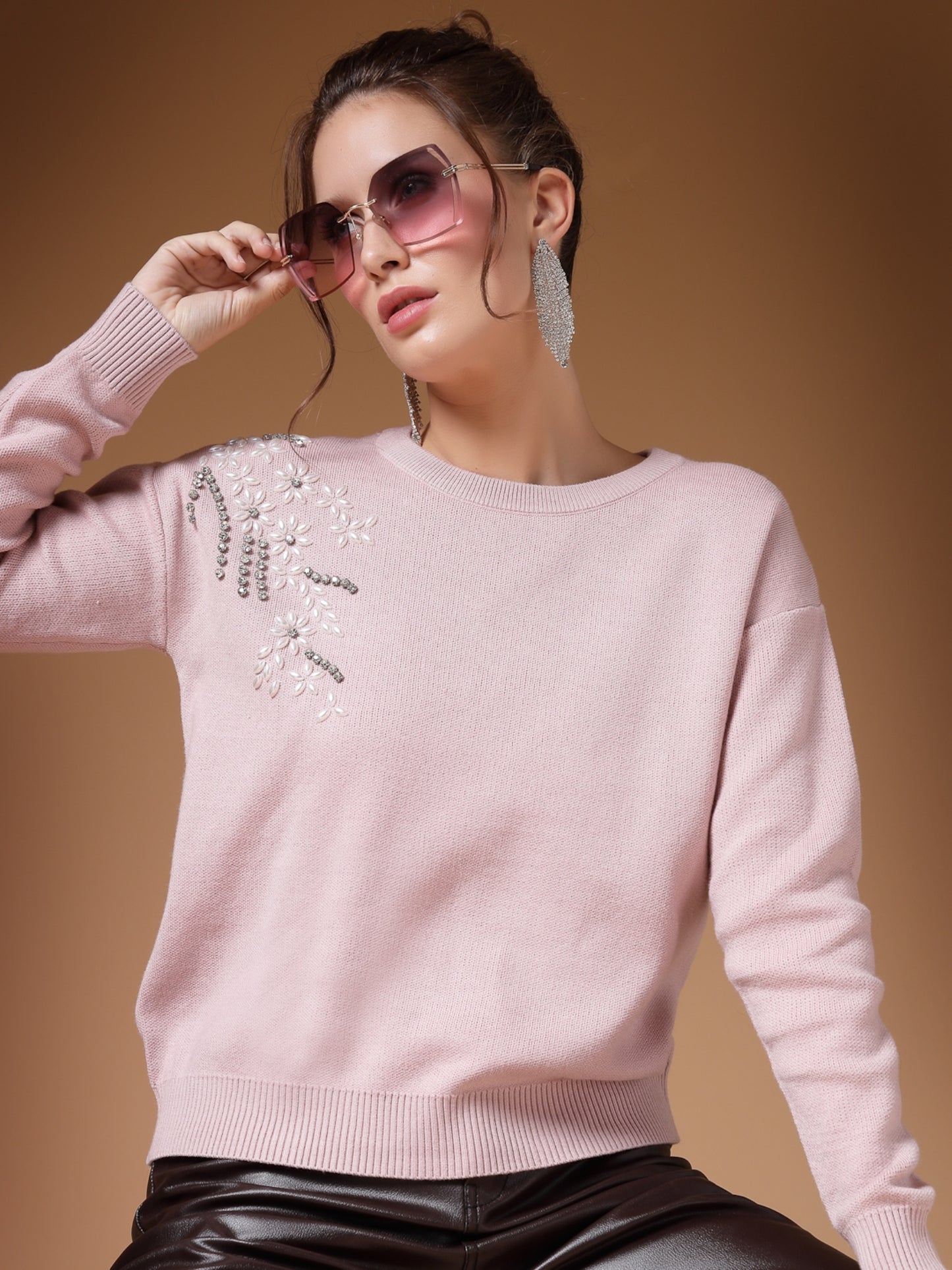 Mafadeny Women Winter Wear Peach Embroidered Stylished Top