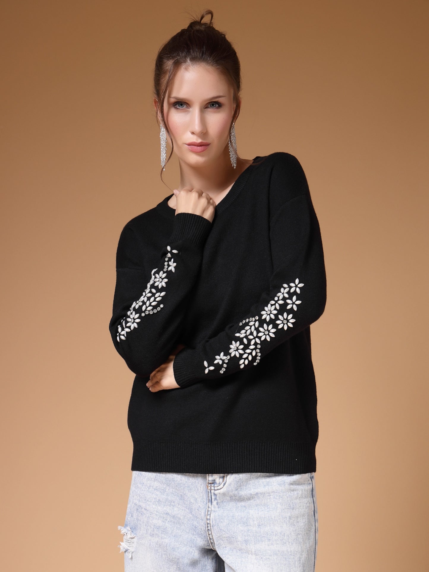 Mafadeny Women Winter Wear Black Embroidered Stylished Top