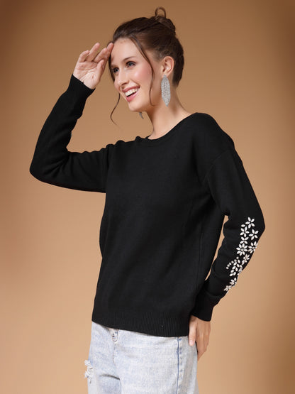 Mafadeny Women Winter Wear Black Embroidered Stylished Top