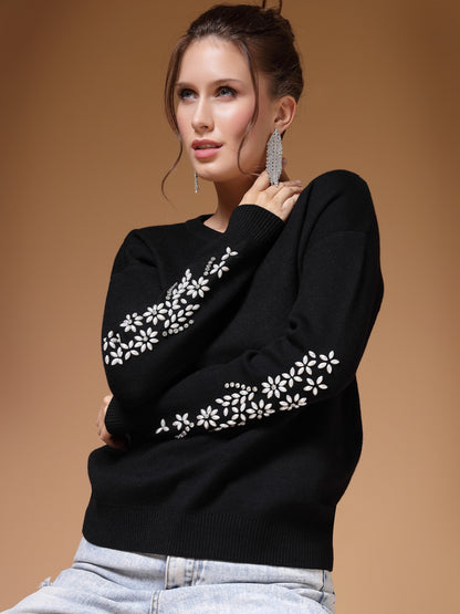 Mafadeny Women Winter Wear Black Embroidered Stylished Top