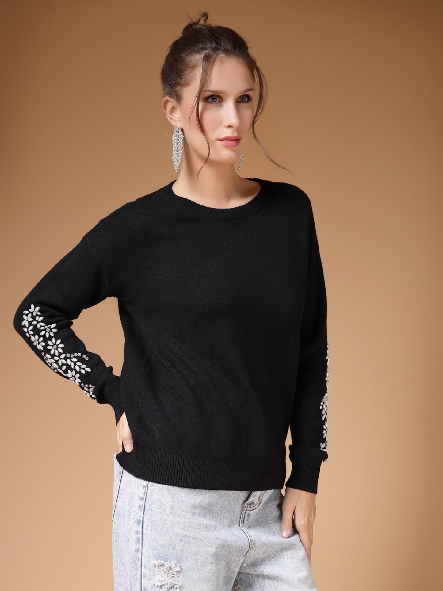 Mafadeny Women Winter Wear Black Embroidered Stylished Top