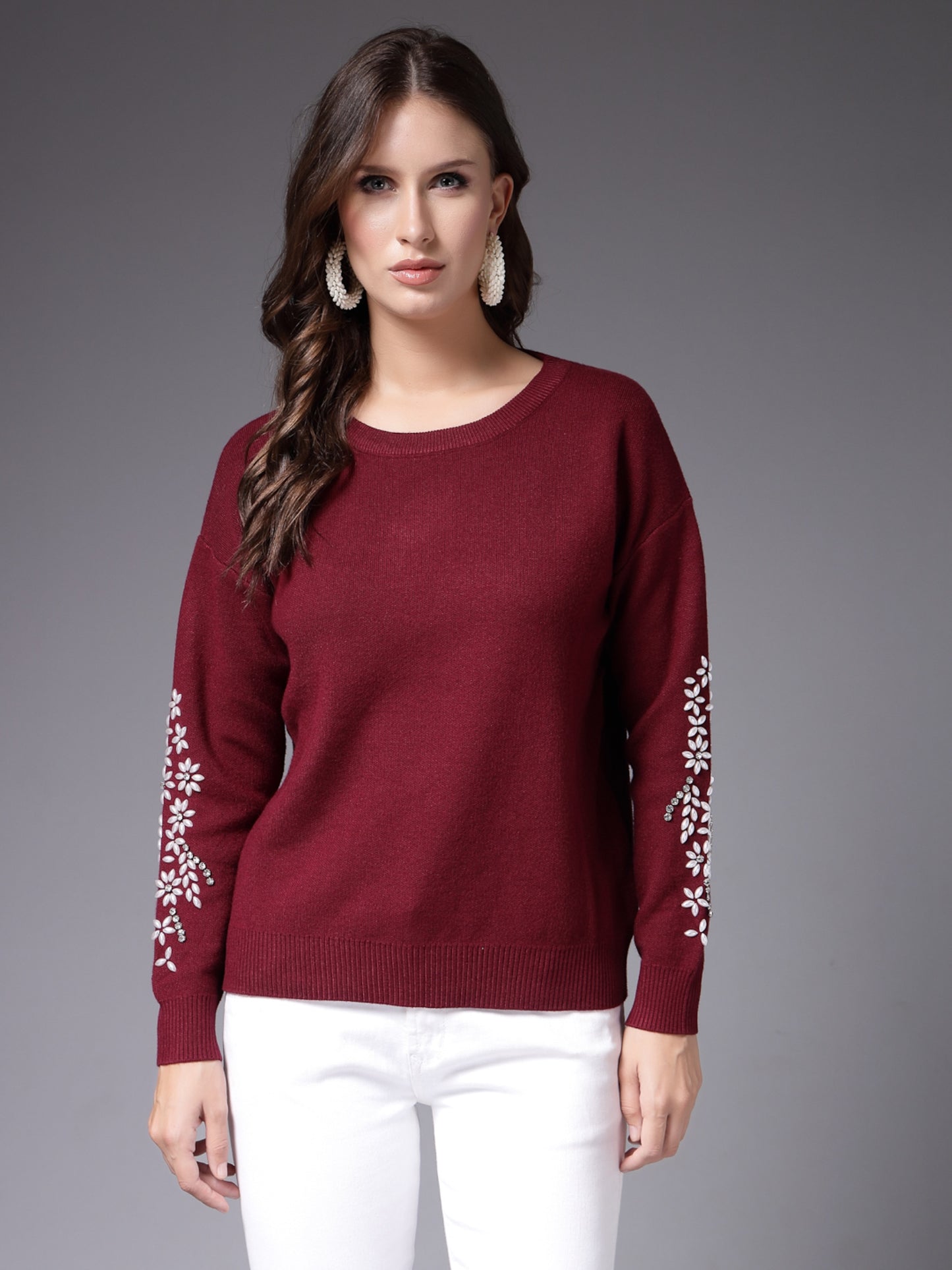 Mafadeny Women Winter Wear Mehroon Embroidered Stylished Top