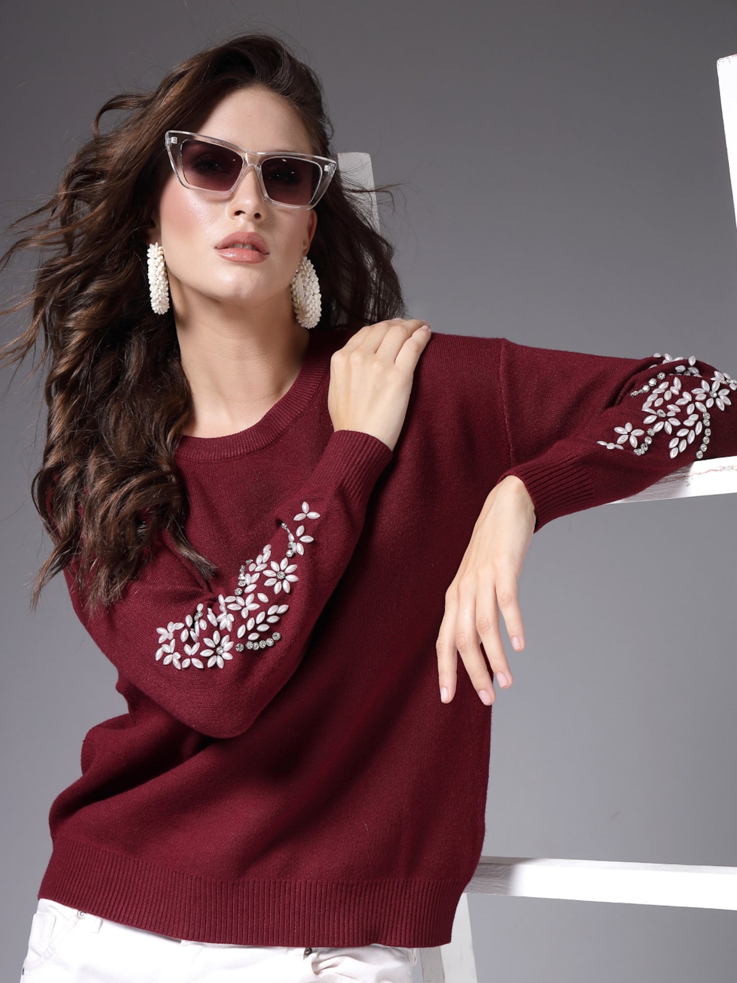 Mafadeny Women Winter Wear Mehroon Embroidered Stylished Top