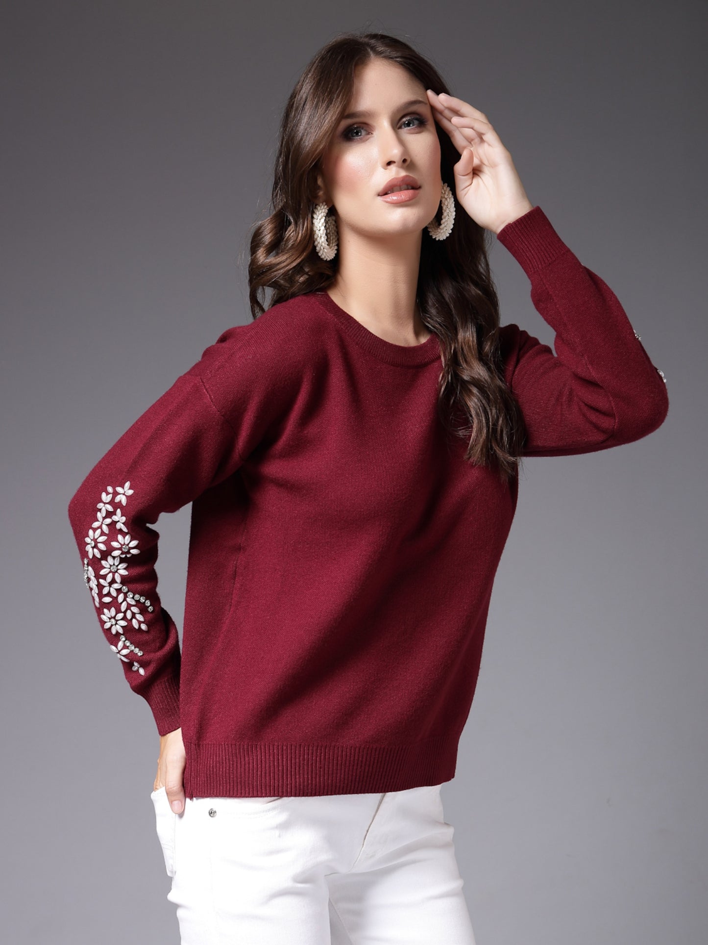 Mafadeny Women Winter Wear Mehroon Embroidered Stylished Top