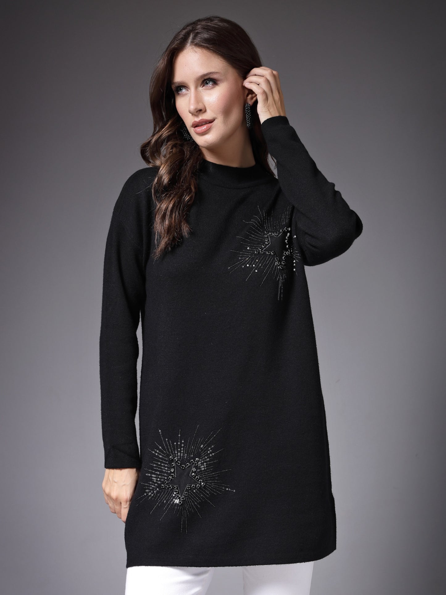 Mafadeny Women Winter Wear Black Embellished Stylished & Cosy Top