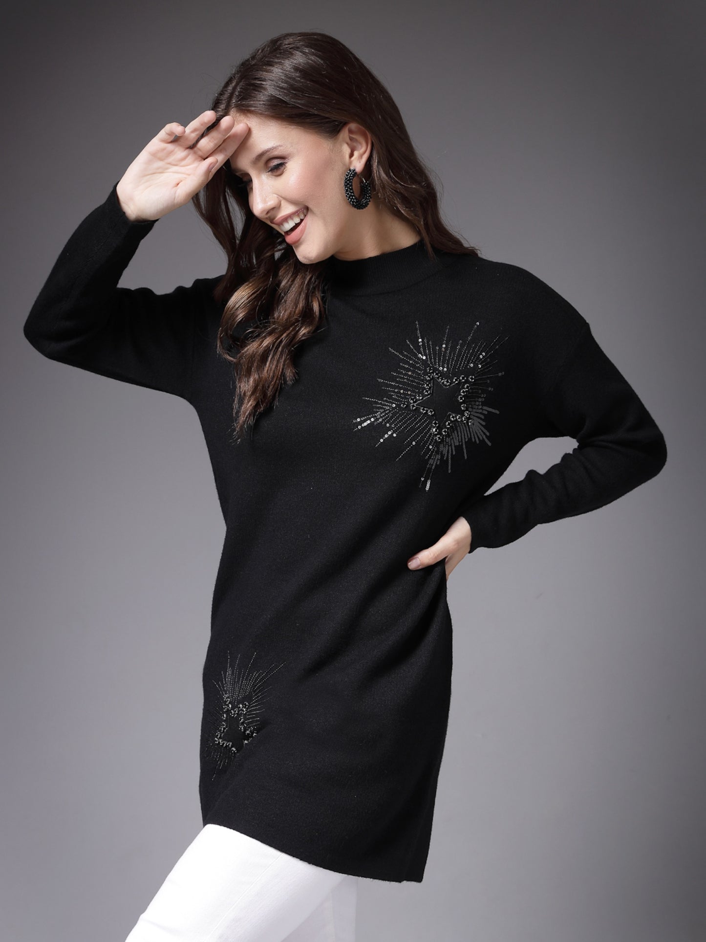 Mafadeny Women Winter Wear Black Embellished Stylished & Cosy Top