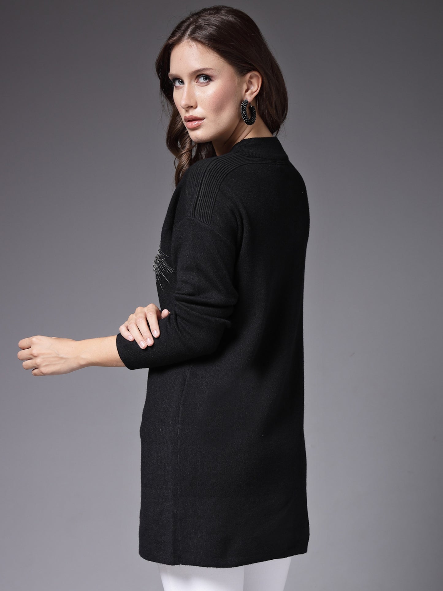 Mafadeny Women Winter Wear Black Embellished Stylished & Cosy Top