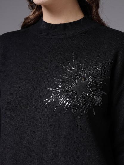 Mafadeny Women Winter Wear Black Embellished Stylished & Cosy Top