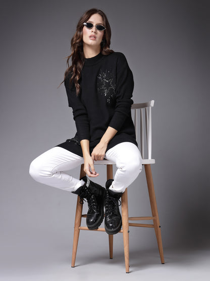 Mafadeny Women Winter Wear Black Embellished Stylished & Cosy Top