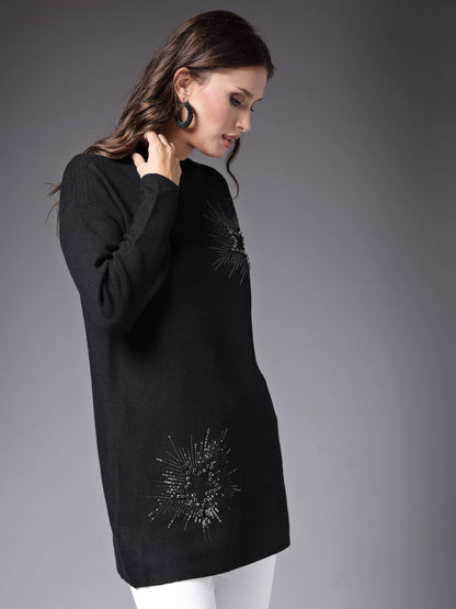 Mafadeny Women Winter Wear Black Embellished Stylished & Cosy Top