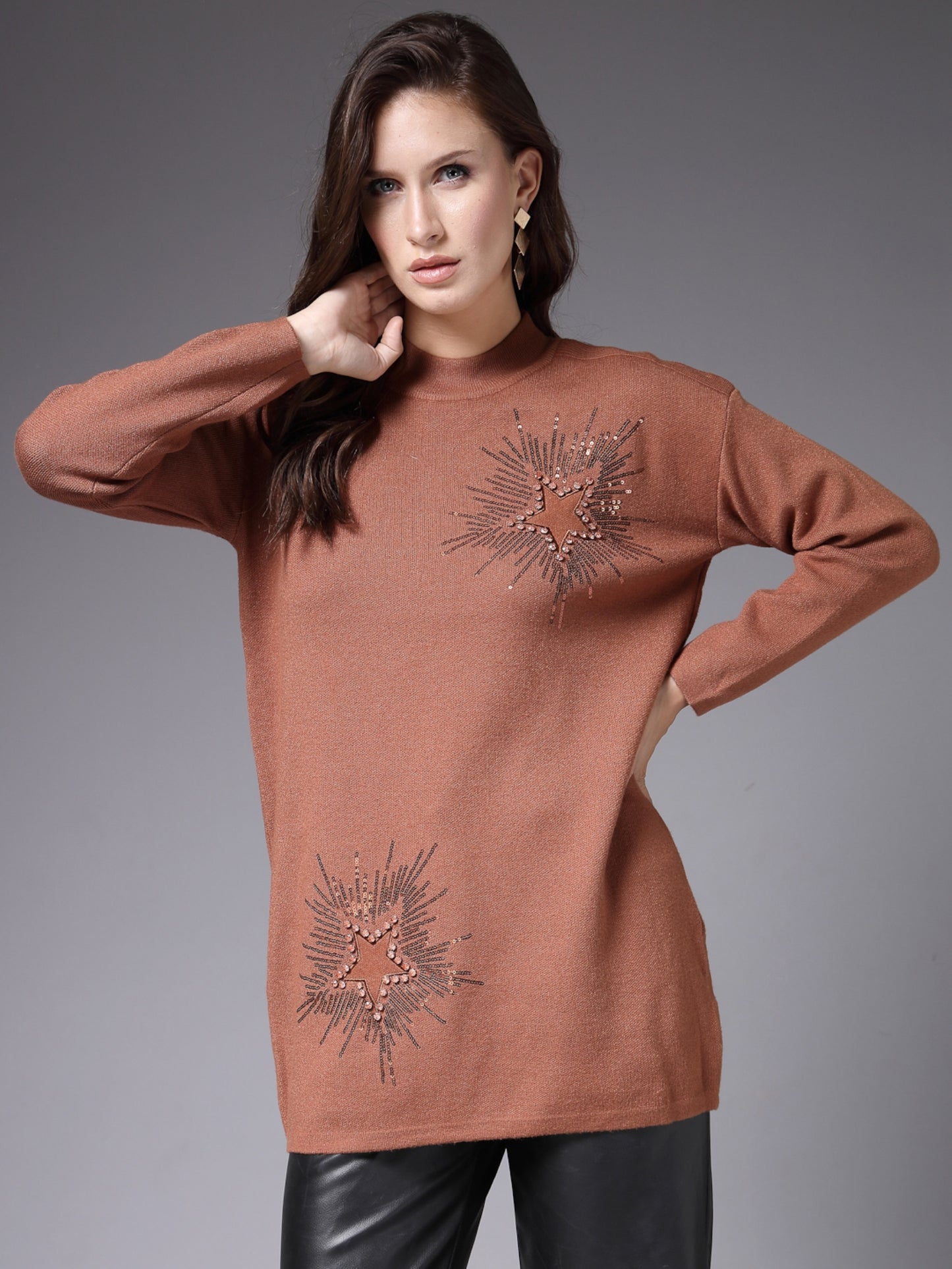 Mafadeny Women Winter Wear Brown Embellished Stylished & Cosy Top