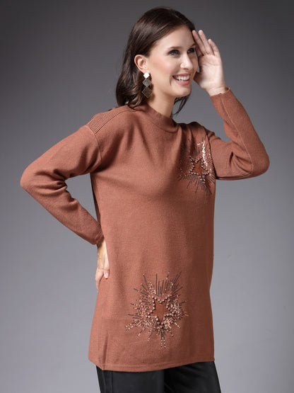 Mafadeny Women Winter Wear Brown Embellished Stylished & Cosy Top