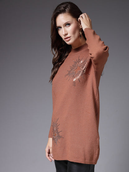 Mafadeny Women Winter Wear Brown Embellished Stylished & Cosy Top