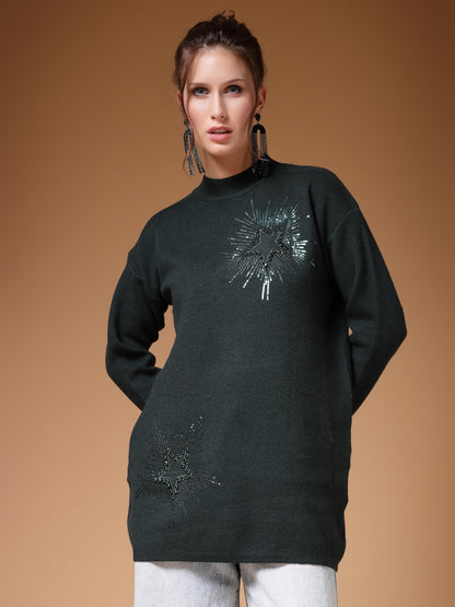 Mafadeny Women Winter Wear D.Green Embellished Stylished & Cosy Top