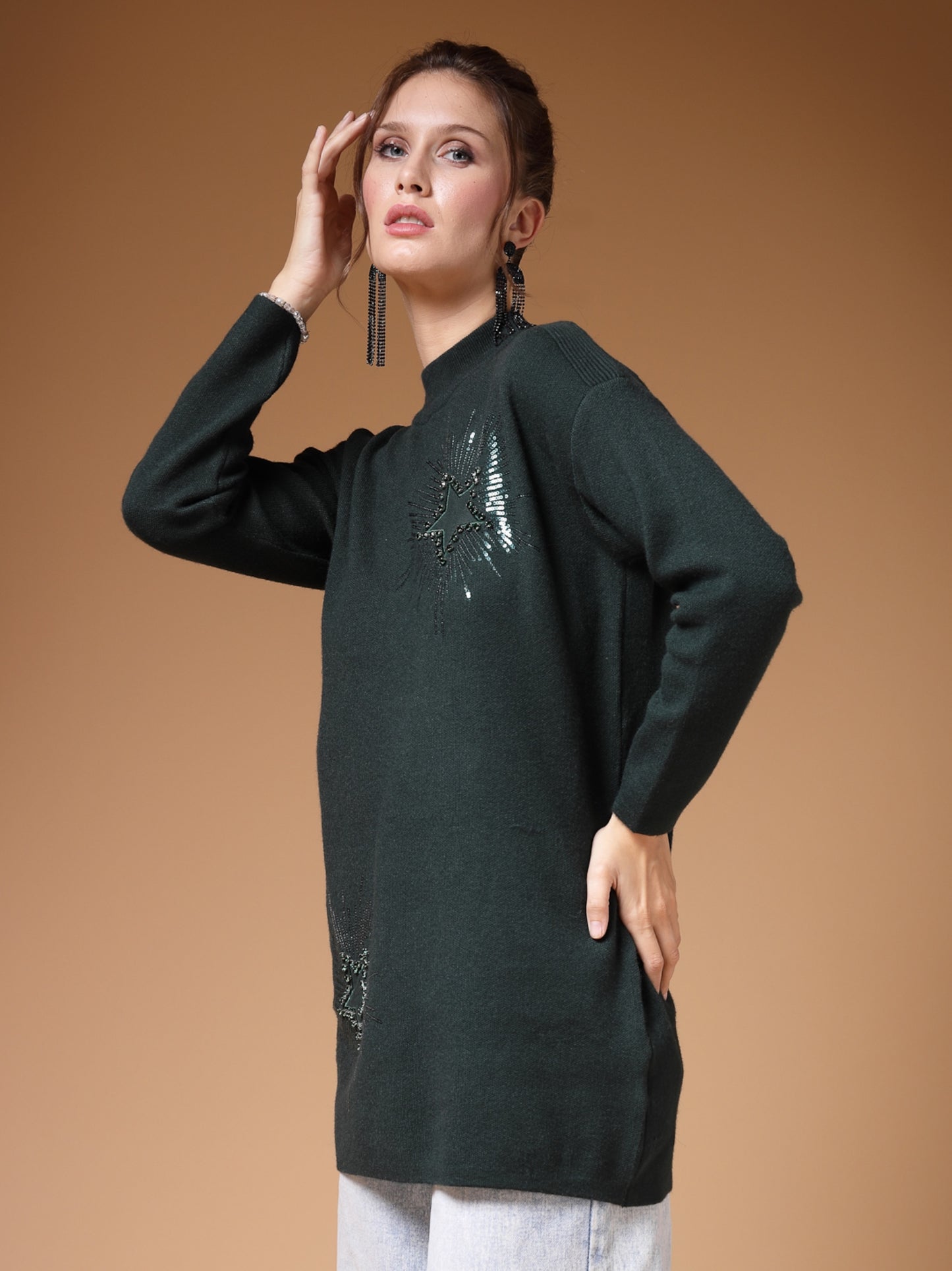 Mafadeny Women Winter Wear D.Green Embellished Stylished & Cosy Top