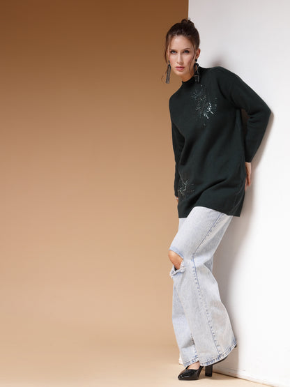 Mafadeny Women Winter Wear D.Green Embellished Stylished & Cosy Top