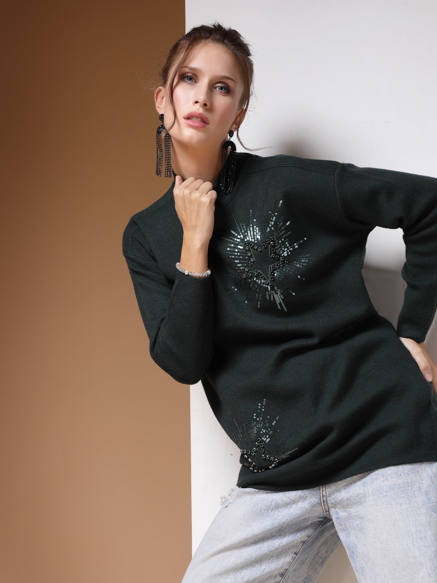 Mafadeny Women Winter Wear D.Green Embellished Stylished & Cosy Top