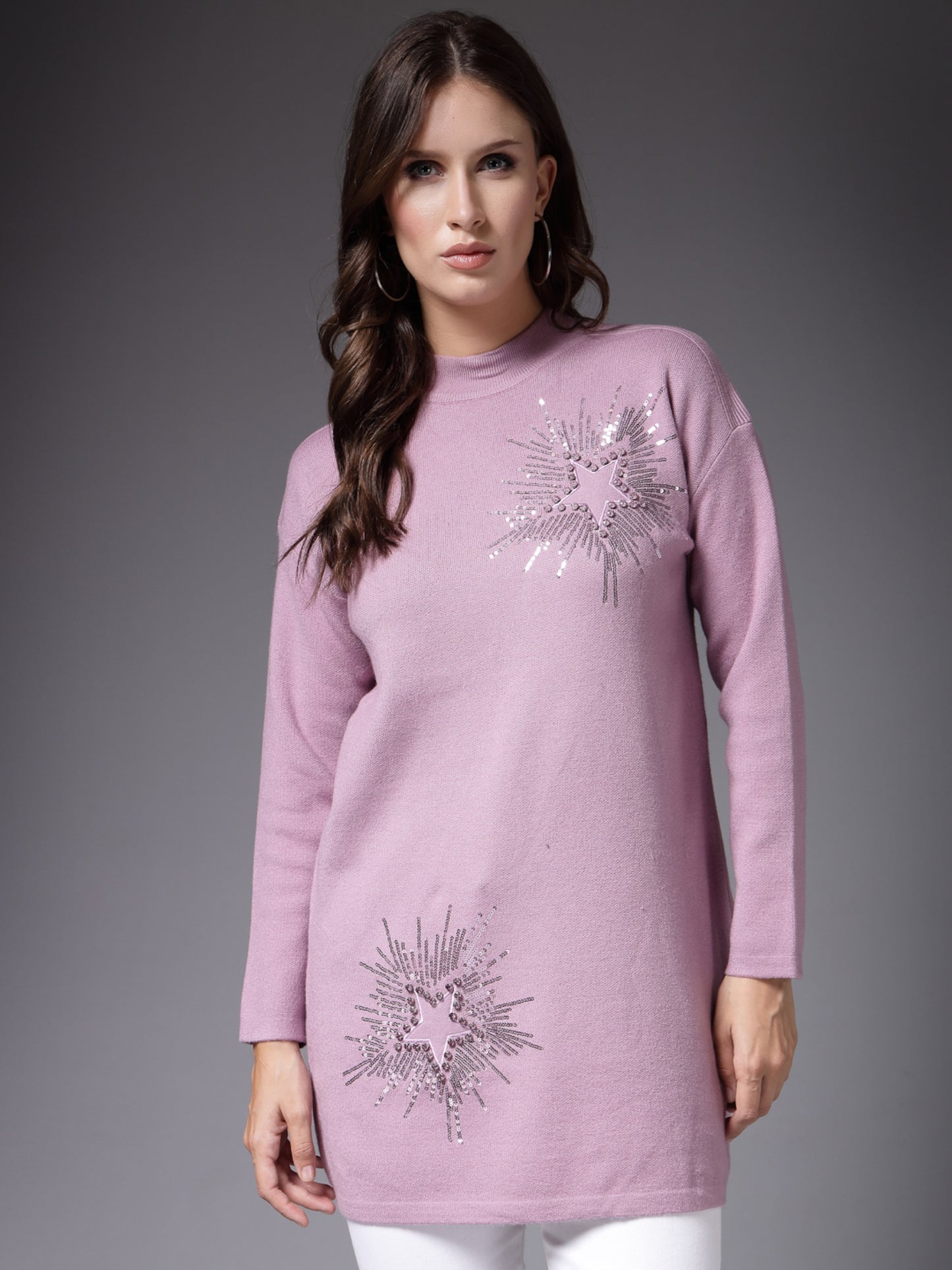 Mafadeny Women Winter Wear Peach Embellished Stylished & Cosy Top