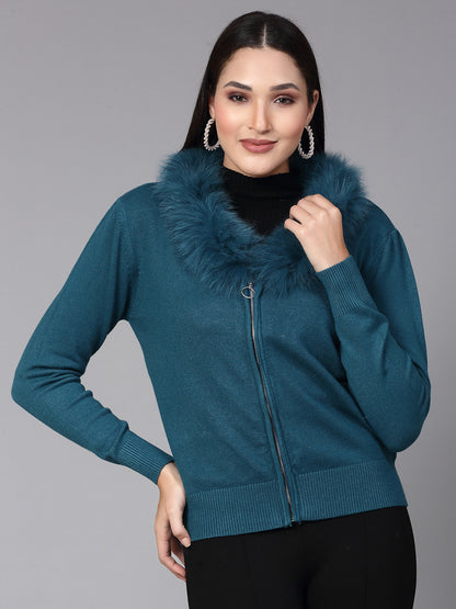 Mafadeny Women Winter Wear Teal Blue Stylished Top