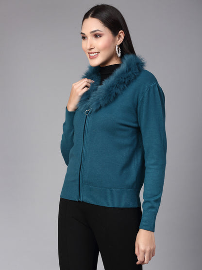 Mafadeny Women Winter Wear Teal Blue Stylished Top