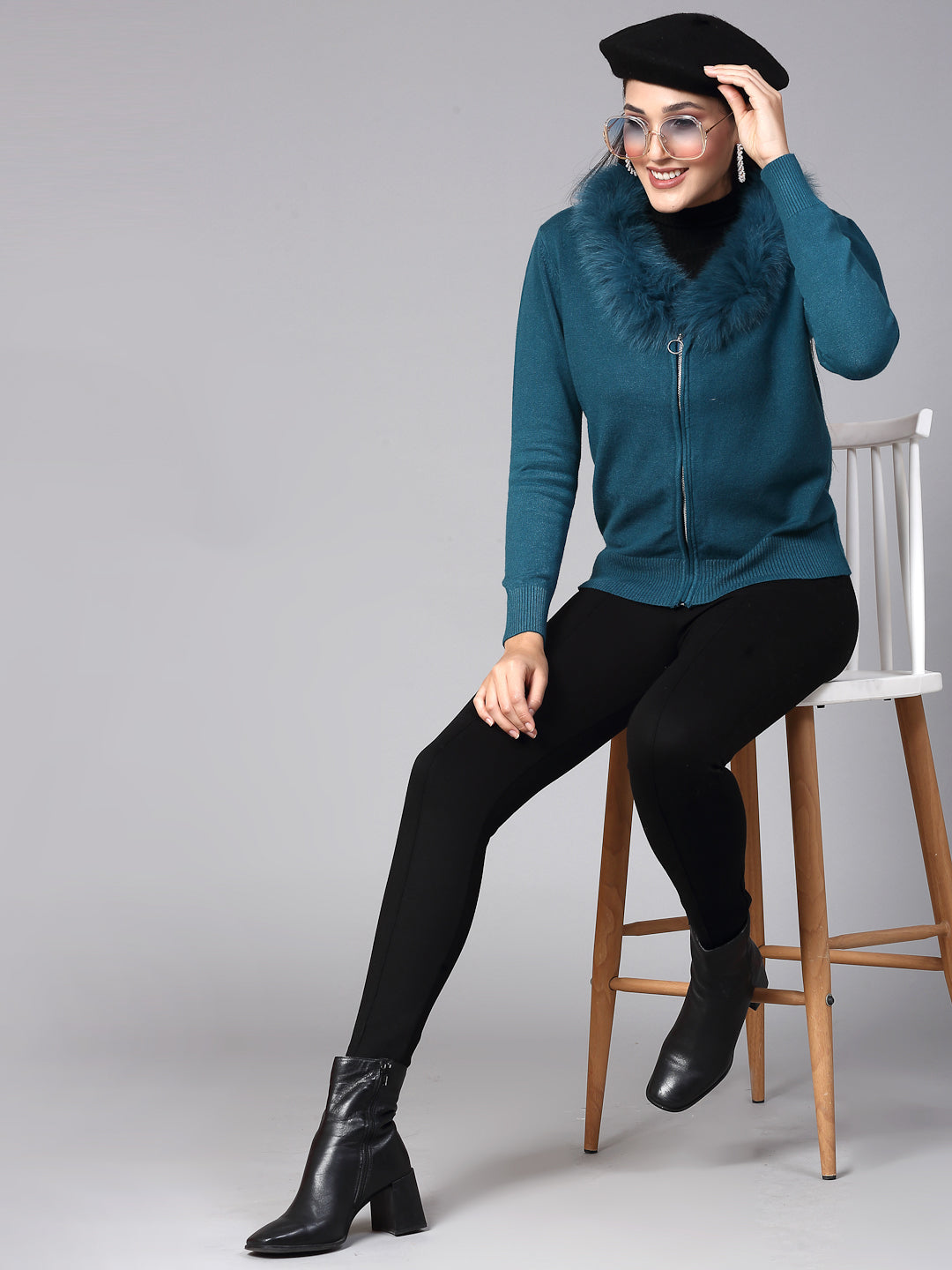 Mafadeny Women Winter Wear Teal Blue Stylished Top