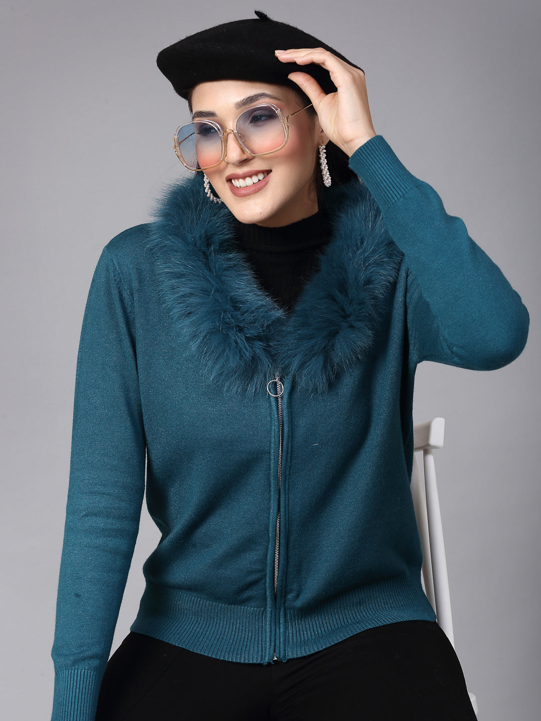 Mafadeny Women Winter Wear Teal Blue Stylished Top