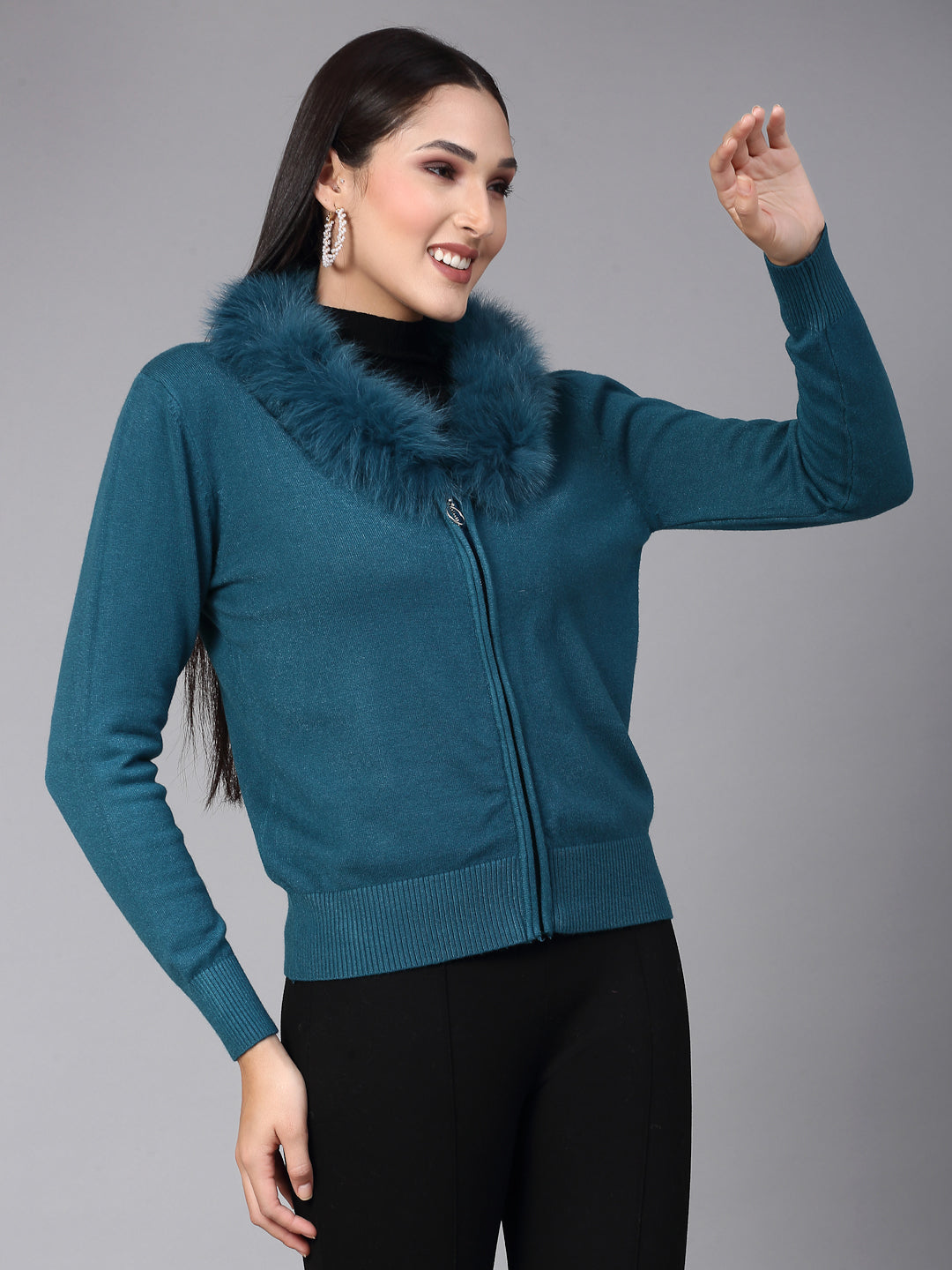 Mafadeny Women Winter Wear Teal Blue Stylished Top