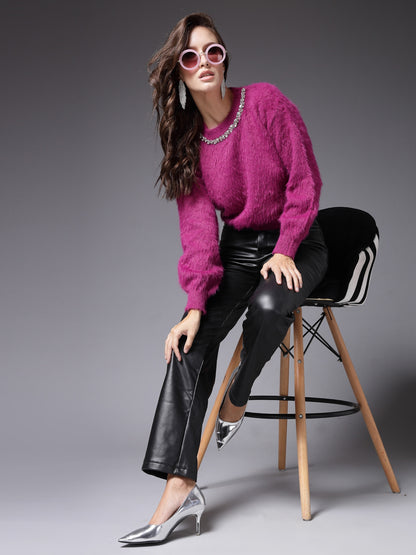 Mafadeny Women Winter Wear Fusia Pink Stylished & Cosy Top