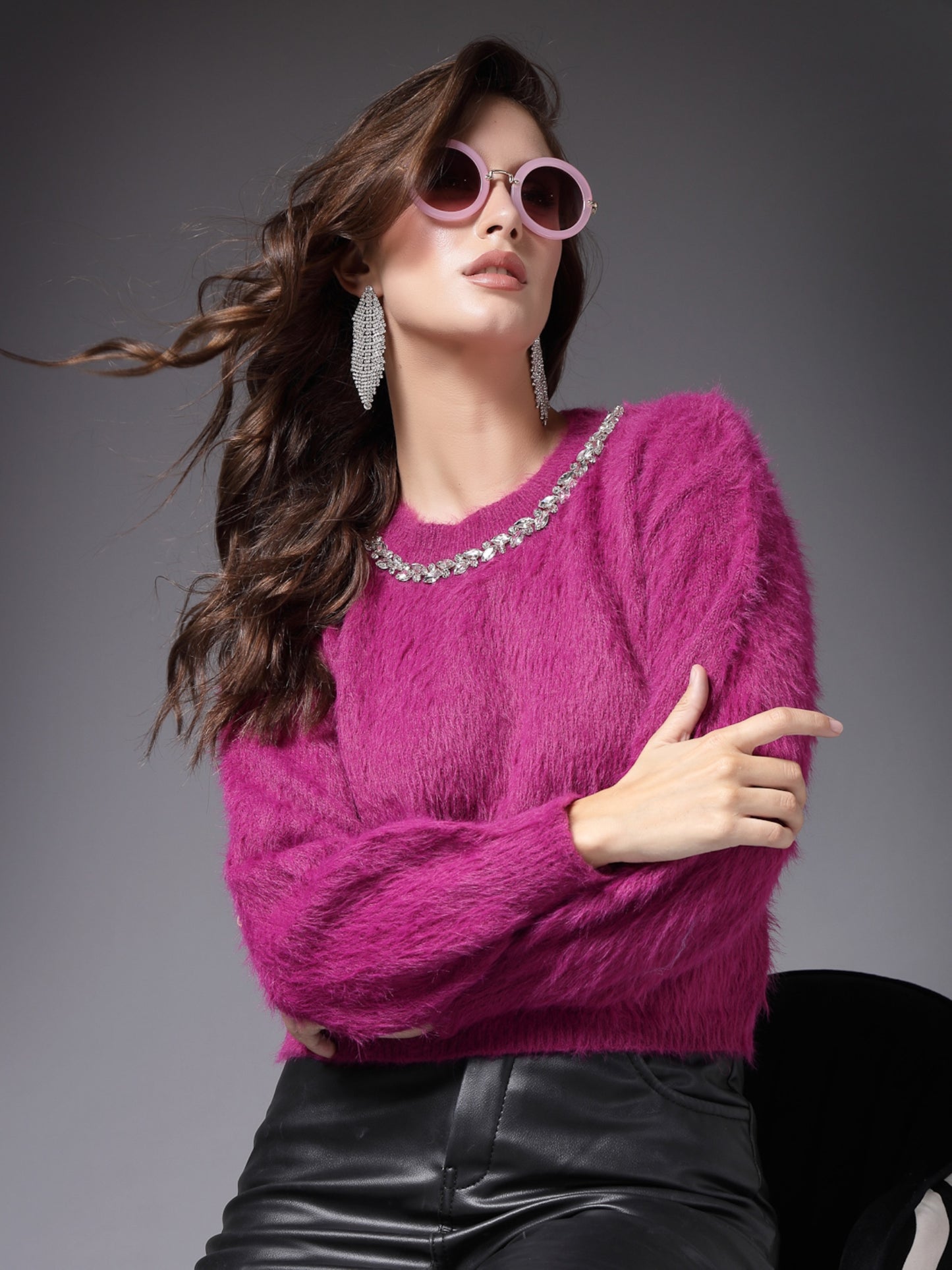 Mafadeny Women Winter Wear Fusia Pink Stylished & Cosy Top