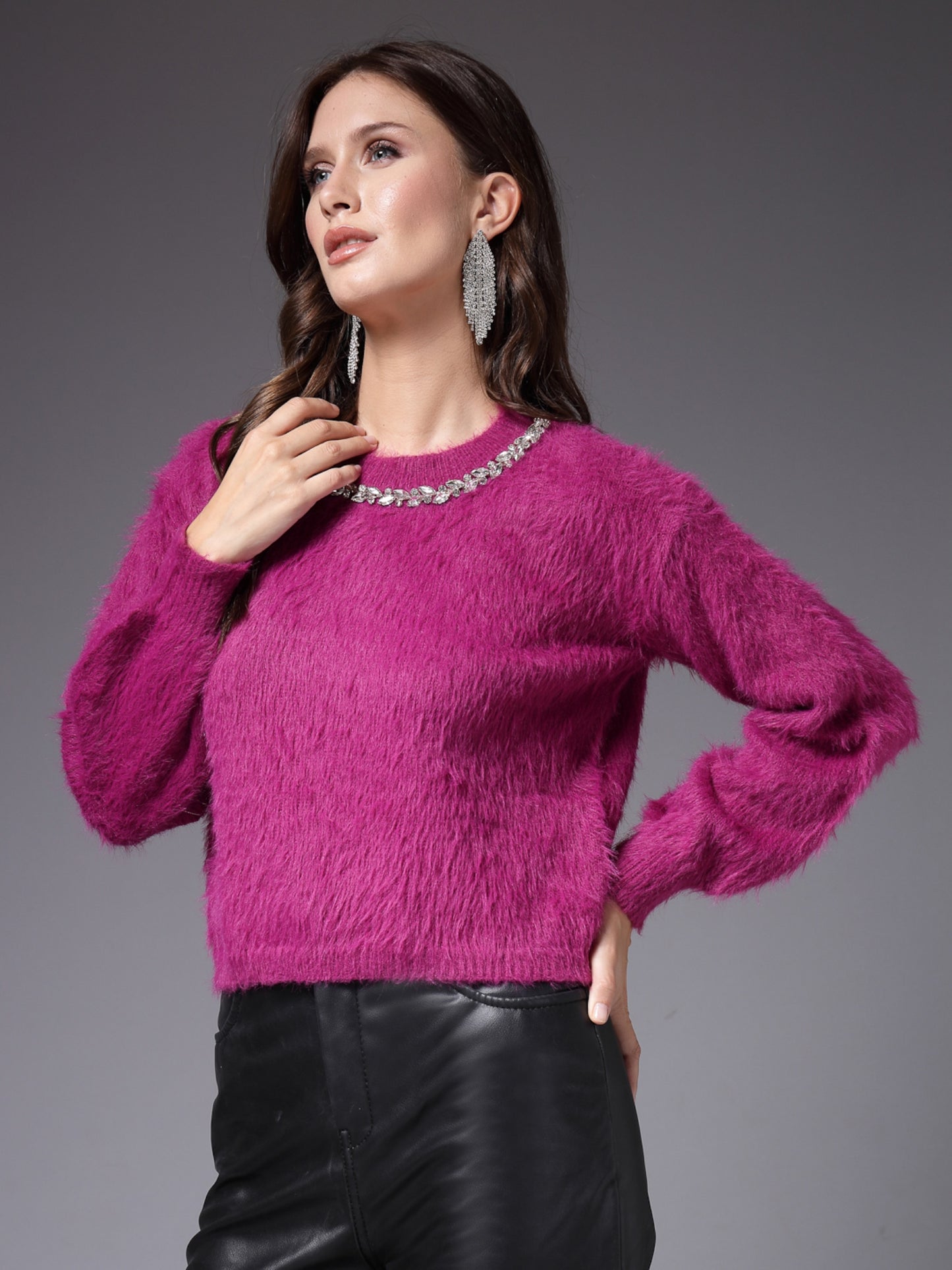 Mafadeny Women Winter Wear Fusia Pink Stylished & Cosy Top