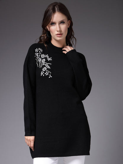 Mafadeny Women Winter Wear Black Embroidered Stylished Top