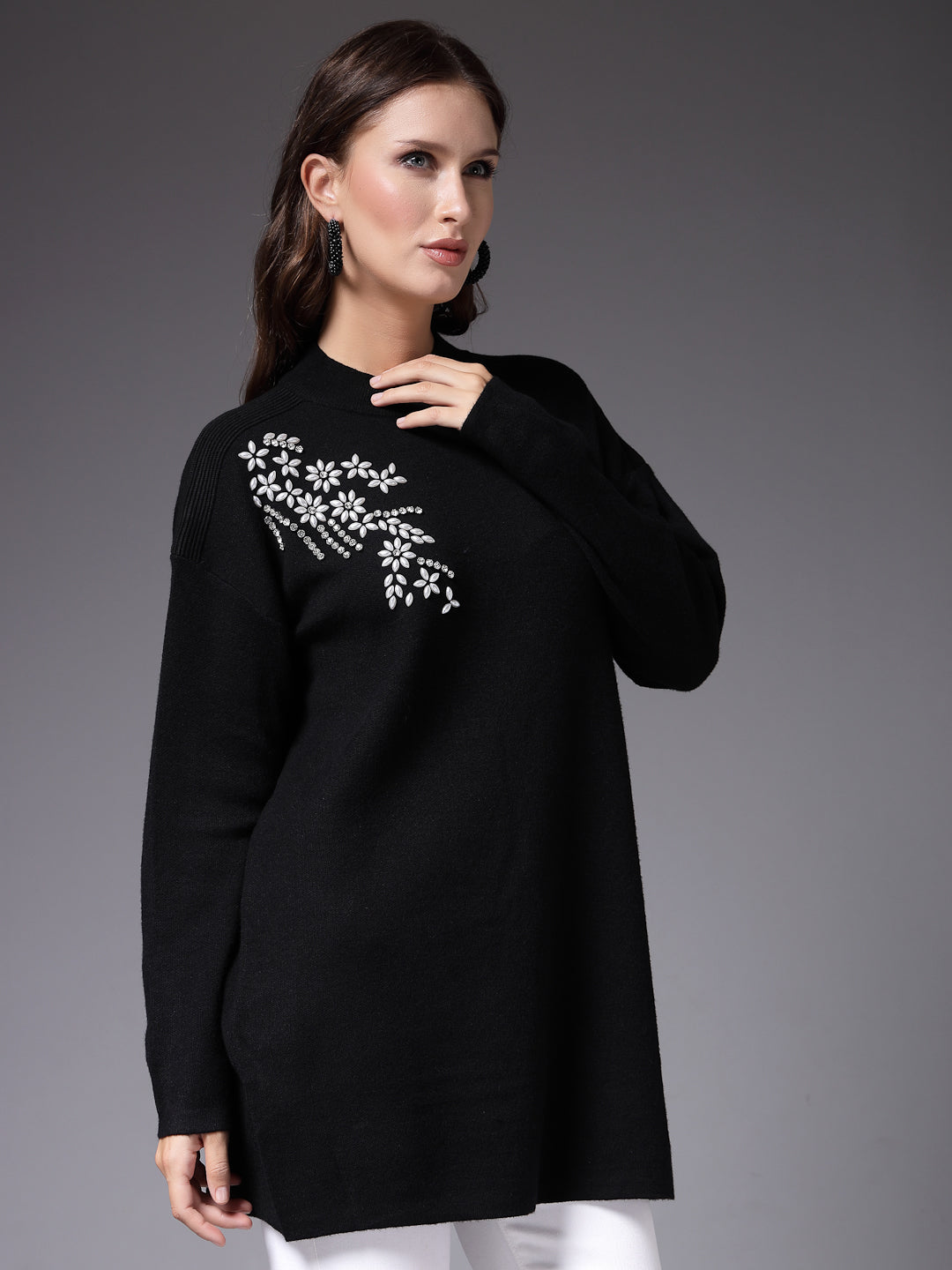 Mafadeny Women Winter Wear Black Embroidered Stylished Top