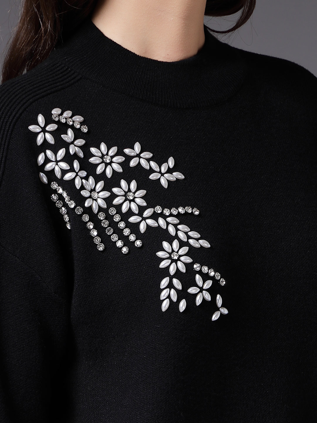 Mafadeny Women Winter Wear Black Embroidered Stylished Top