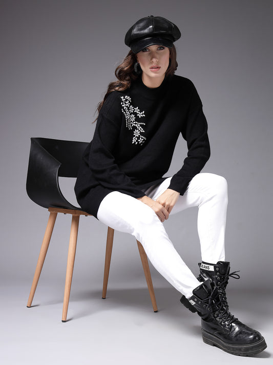 Mafadeny Women Winter Wear Black Embroidered Stylished Top