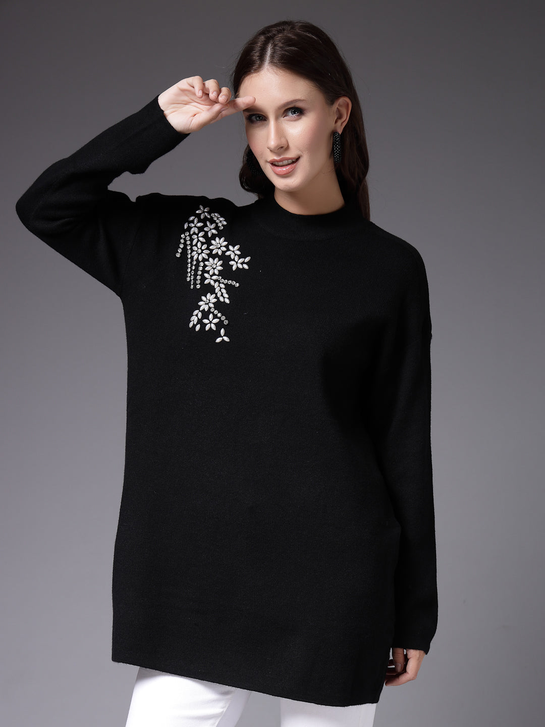 Mafadeny Women Winter Wear Black Embroidered Stylished Top